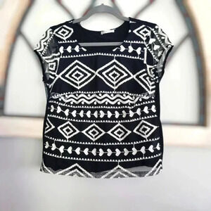 Lavand. Black Cream Embroidered Mesh Blouse With Chiffon Underlay Size SMALL